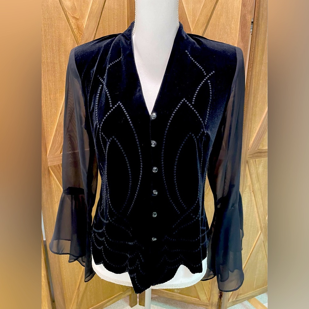 Black Velvet Button-Front Blouse with Sheer Sleeves